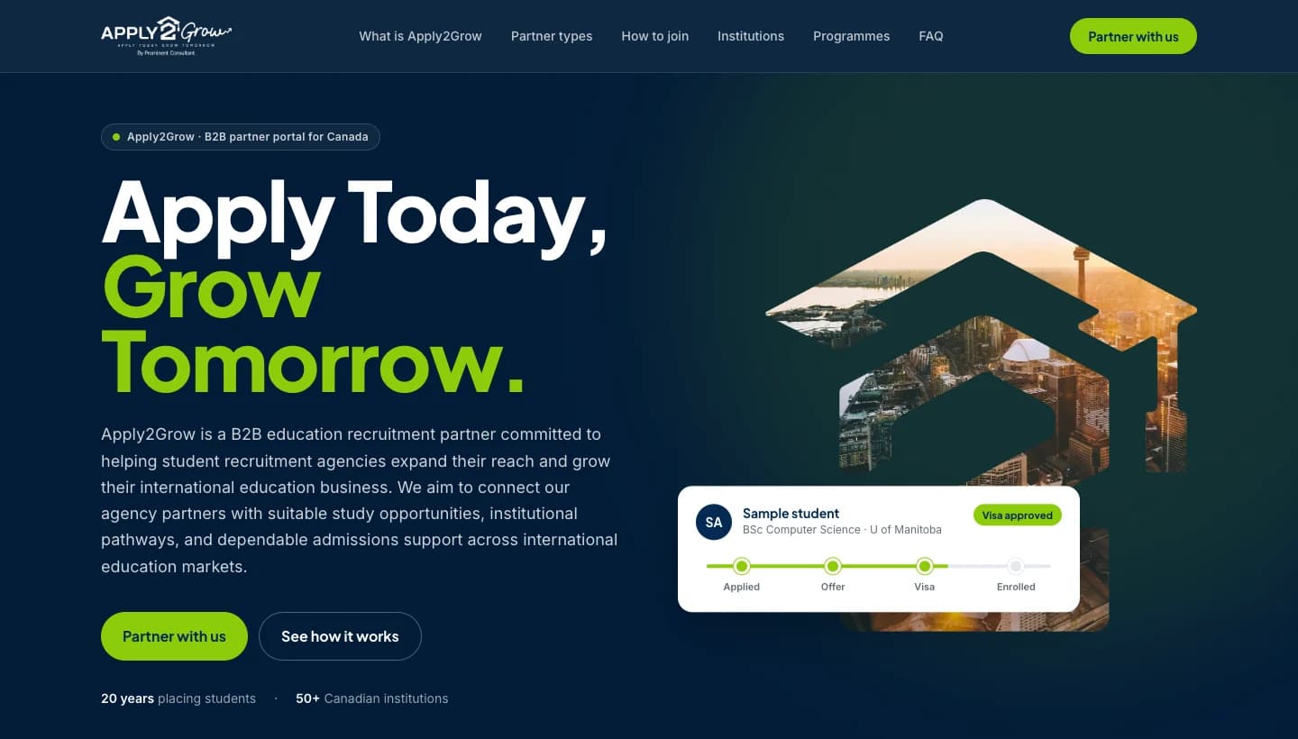 Apply2Grow landing page hero — Apply Today, Grow Tomorrow, with a partner application status card