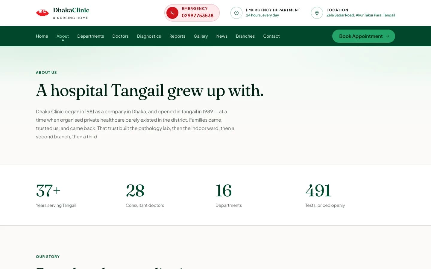 Dhaka Clinic & Nursing Home home page with emergency number and live chamber count