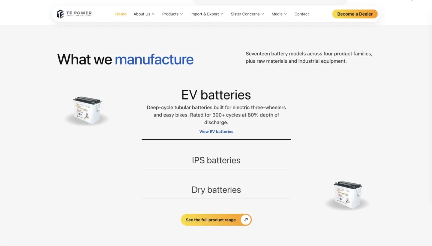TE Power website, screen 2
