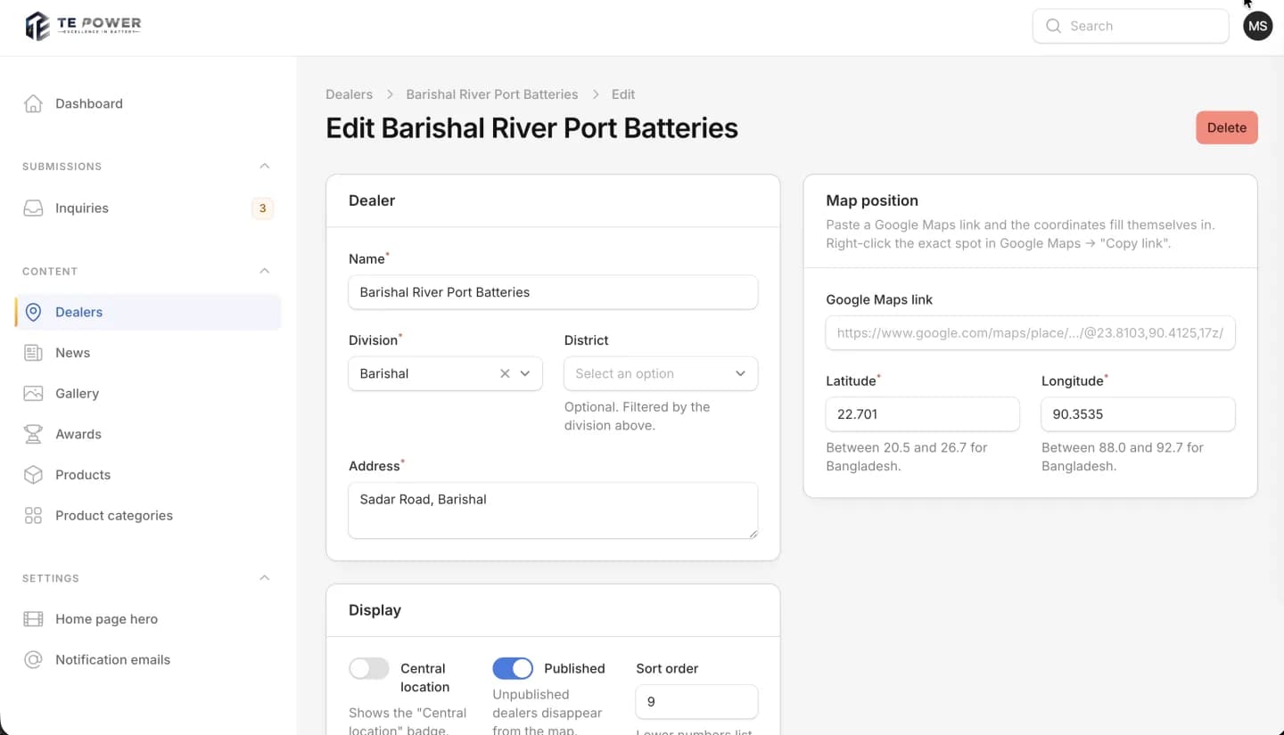 TE Power admin panel, screen 2