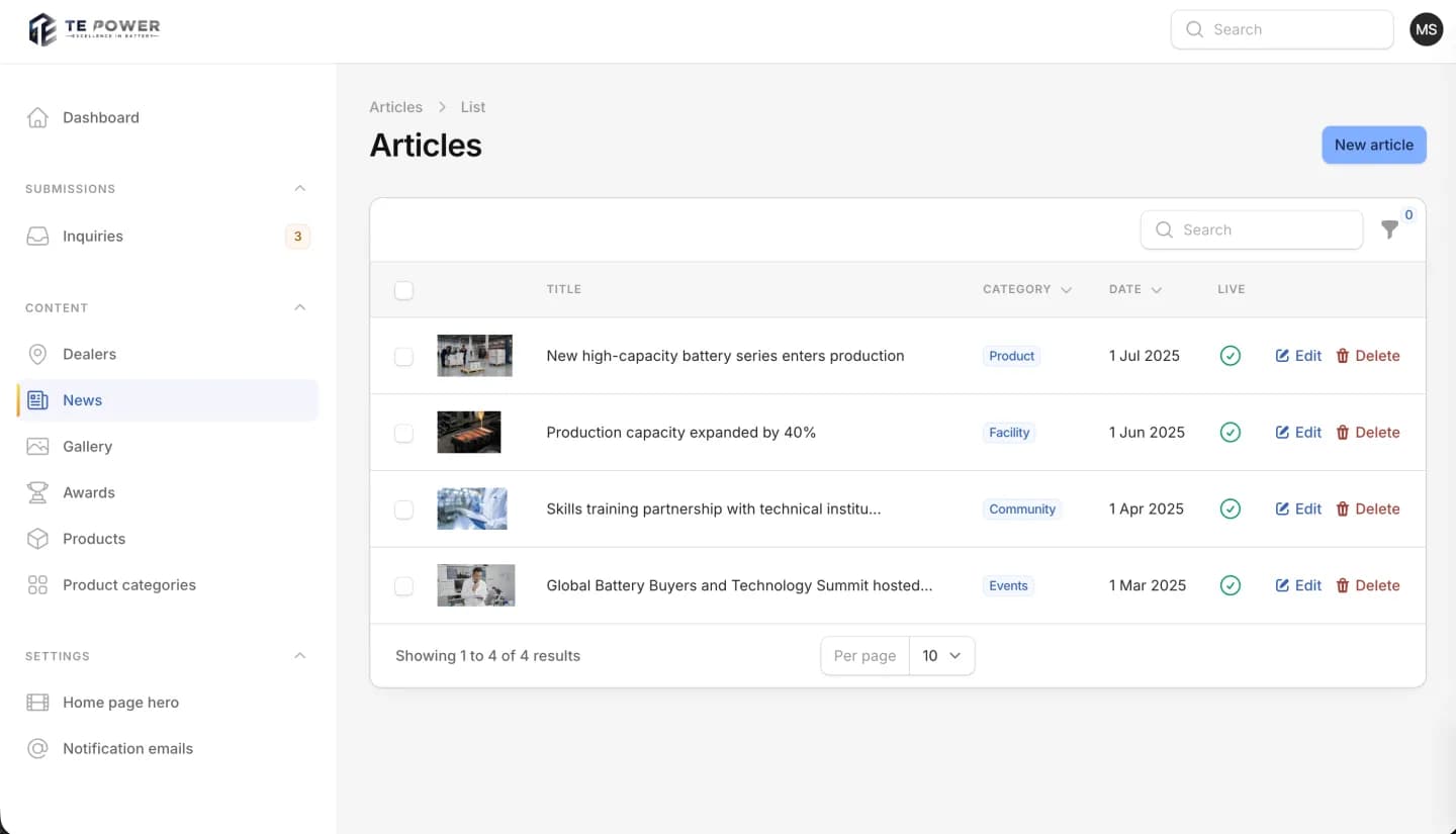 TE Power admin panel, screen 3