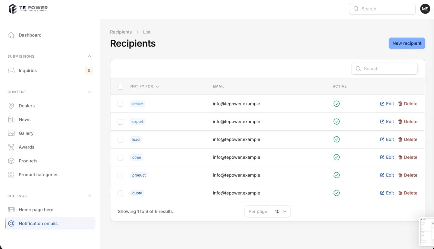 TE Power admin panel, screen 4
