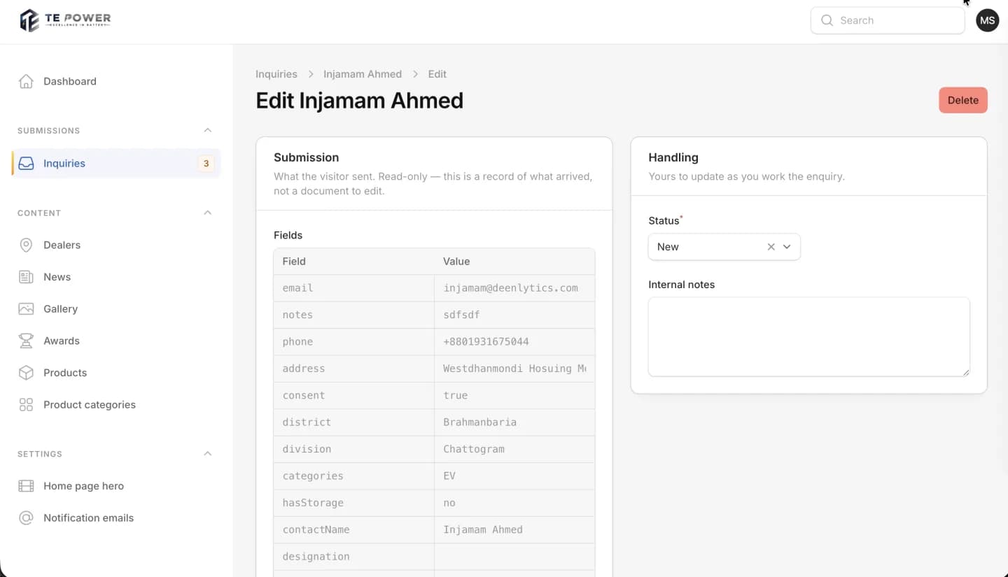 TE Power admin panel, screen 5